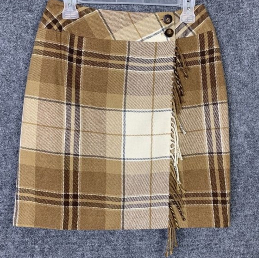 Harris/Wallace Wrap Skirt Women 8 Wool Fringe Lined Tan Blanket Plaid Above Knee